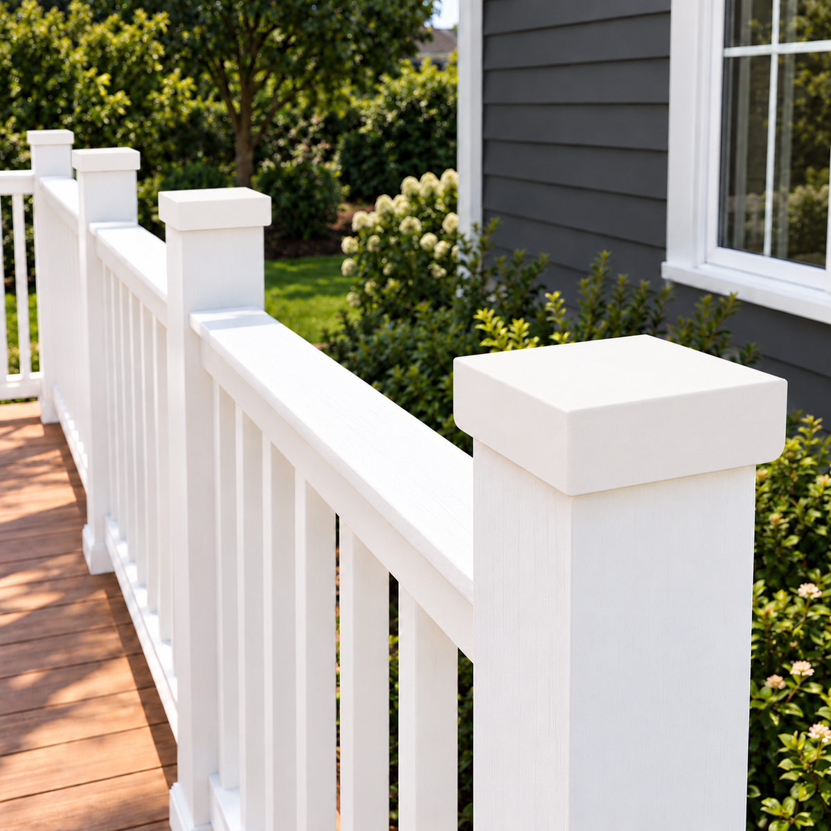 White plain post caps installed on deck posts
