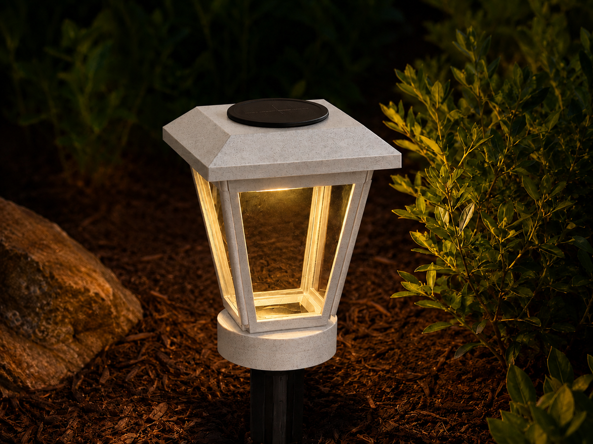 Lantern with Clear Glass LED Bulb Solar Landscape Light – Marble
