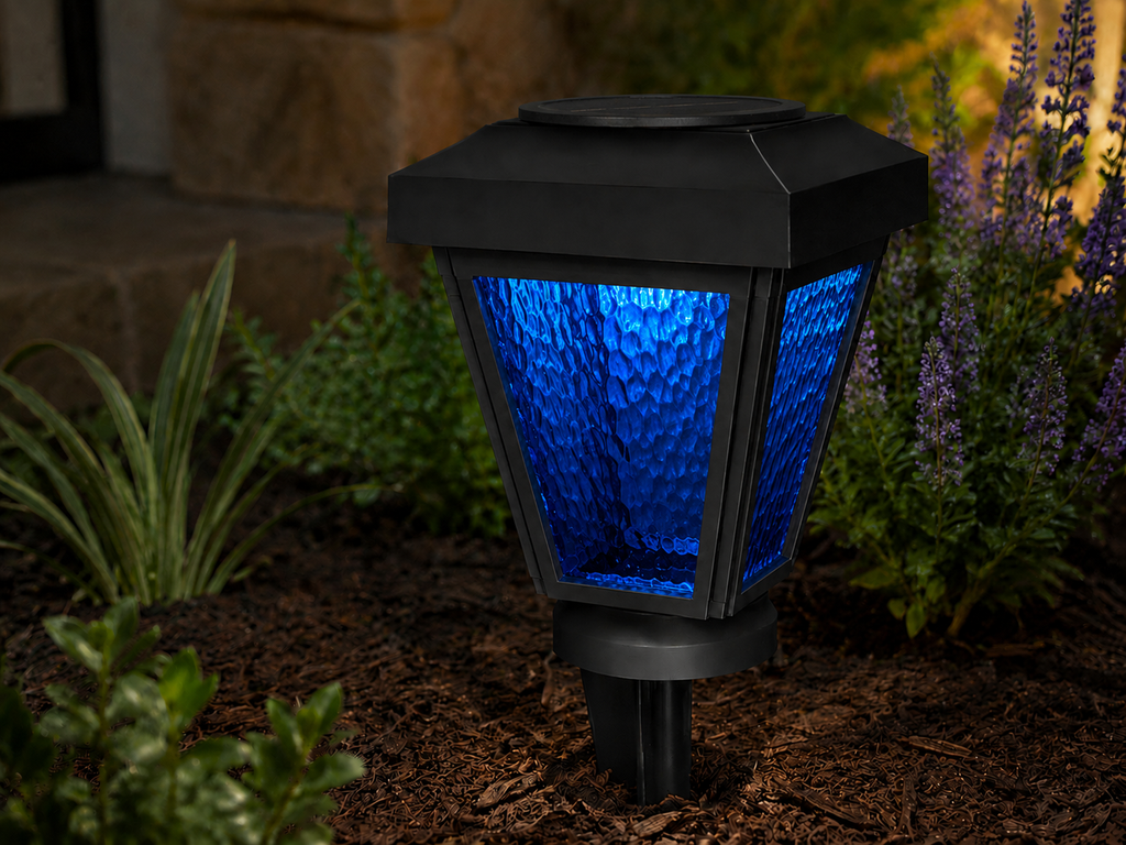 Lantern with Blue Textured Glass LED Bulb Solar Landscape Light – Black
