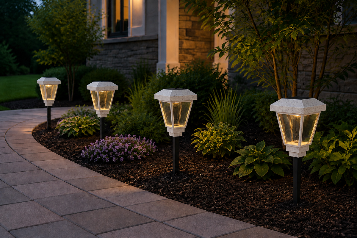 Lantern with Clear Glass LED Bulb Solar Landscape Light – Marble