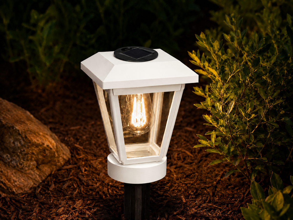 Lantern with Clear Glass Small Edison Bulb Solar Landscape Light – White