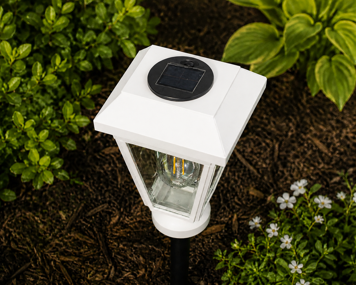 Lantern with Clear Glass Small Edison Bulb Solar Landscape Light – White