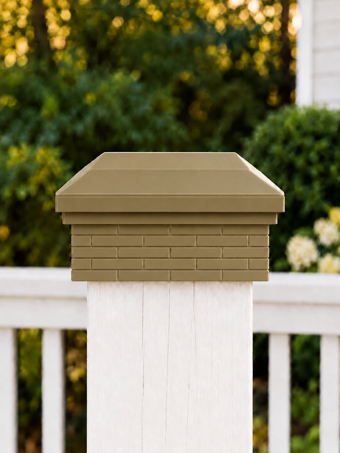 4×4 Post Cap – Low Profile Roof with Brick Base – Olive Brown – Fits 3.5″ Posts