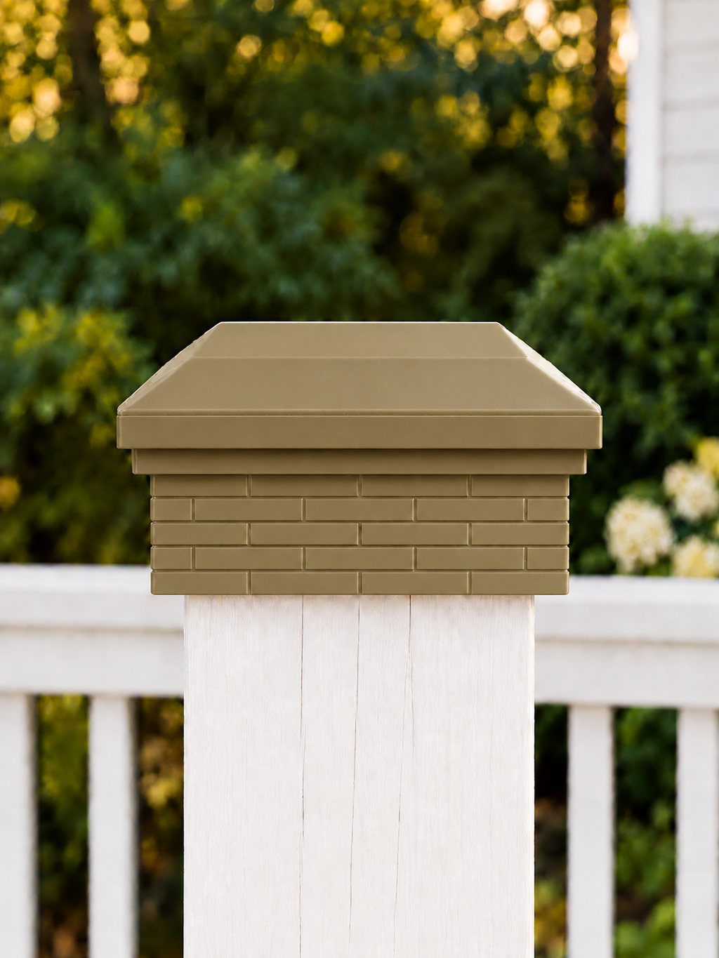 4×4 Post Cap – Low Profile Roof with Brick Base – Olive Brown – Fits 4″ Posts