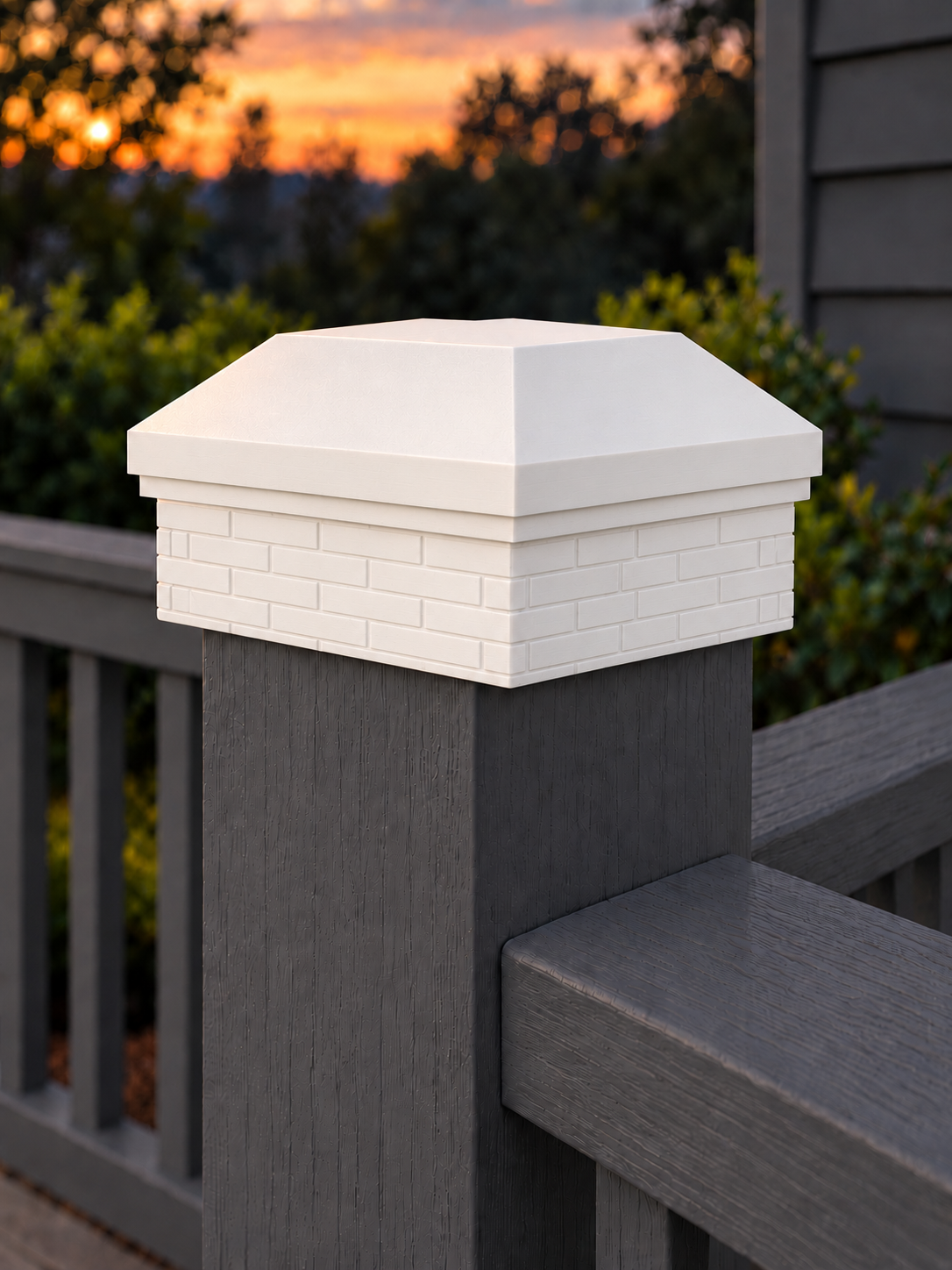 6x6 Post Cap – High Profile Roof with Brick Base – White – Fits 6″ Posts