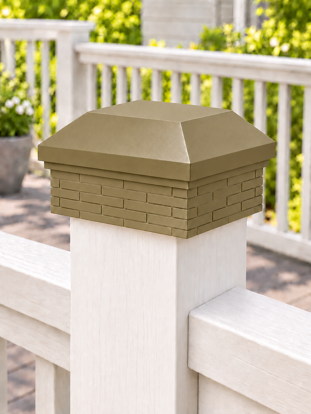 6x6 Post Cap – High Profile Roof with Brick Base – Olive Brown – Fits 5.5″ Posts