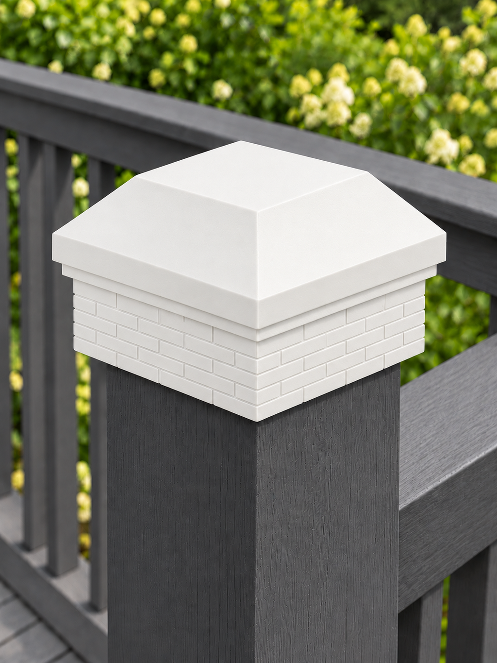 6x6 Post Cap – High Profile Roof with Brick Base – White – Fits 6″ Posts