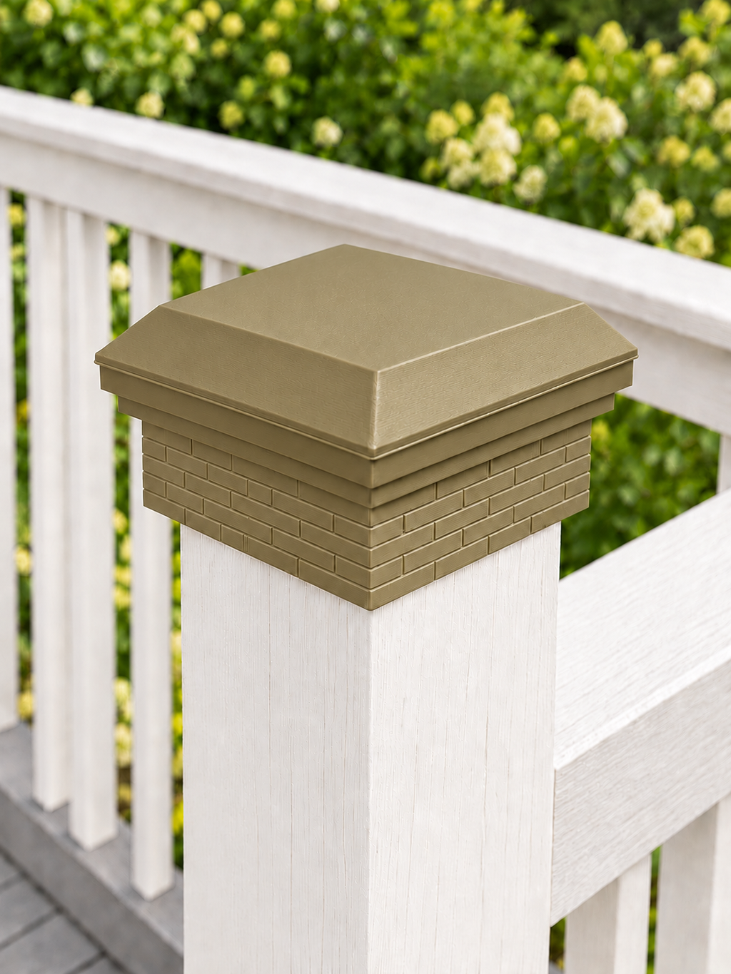 4×4 Post Cap – Low Profile Roof with Brick Base – Olive Brown – Fits 4″ Posts