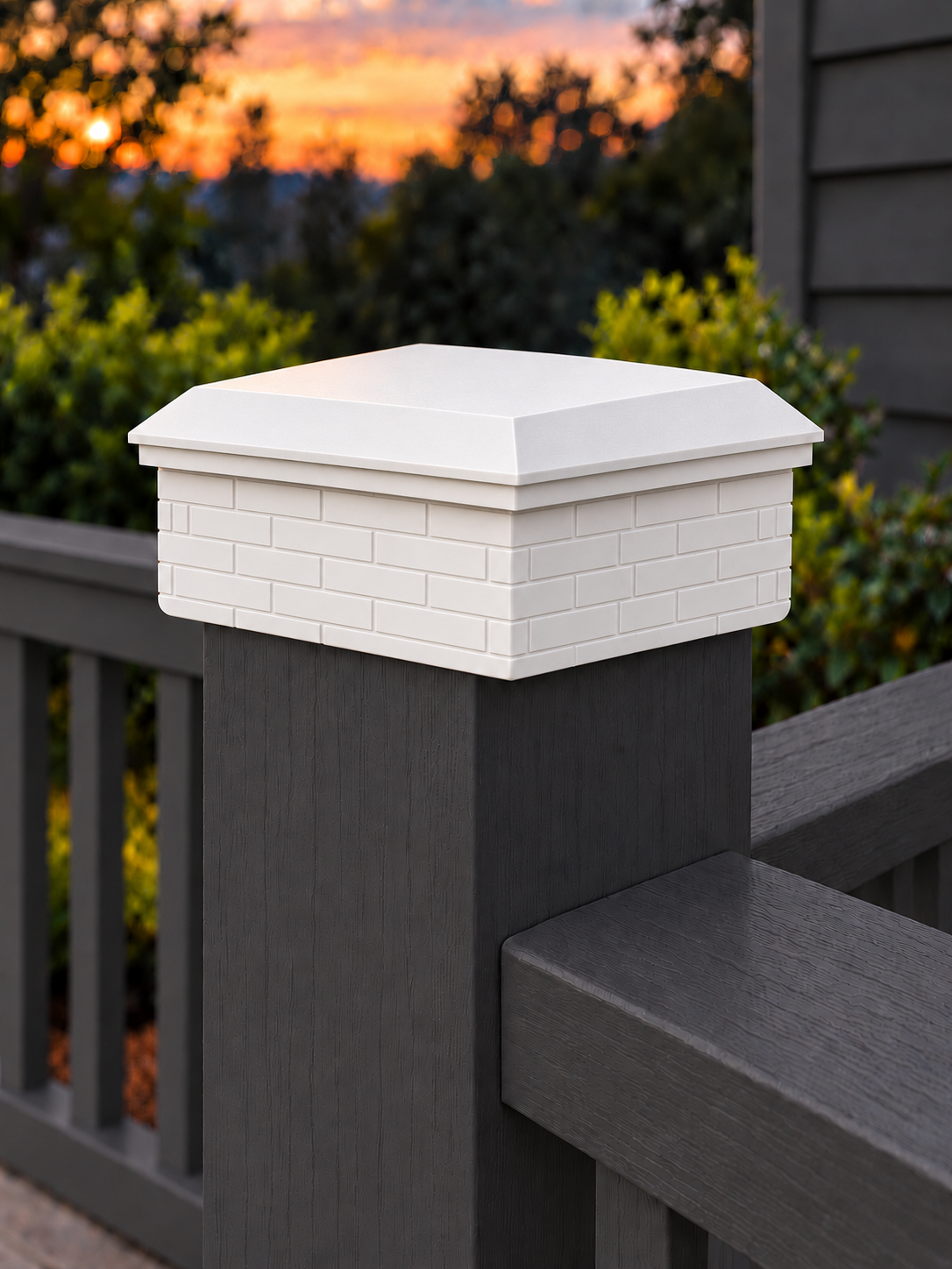 6x6 Post Cap – Low Profile Roof with Brick Base – White – Fits 6″ Posts