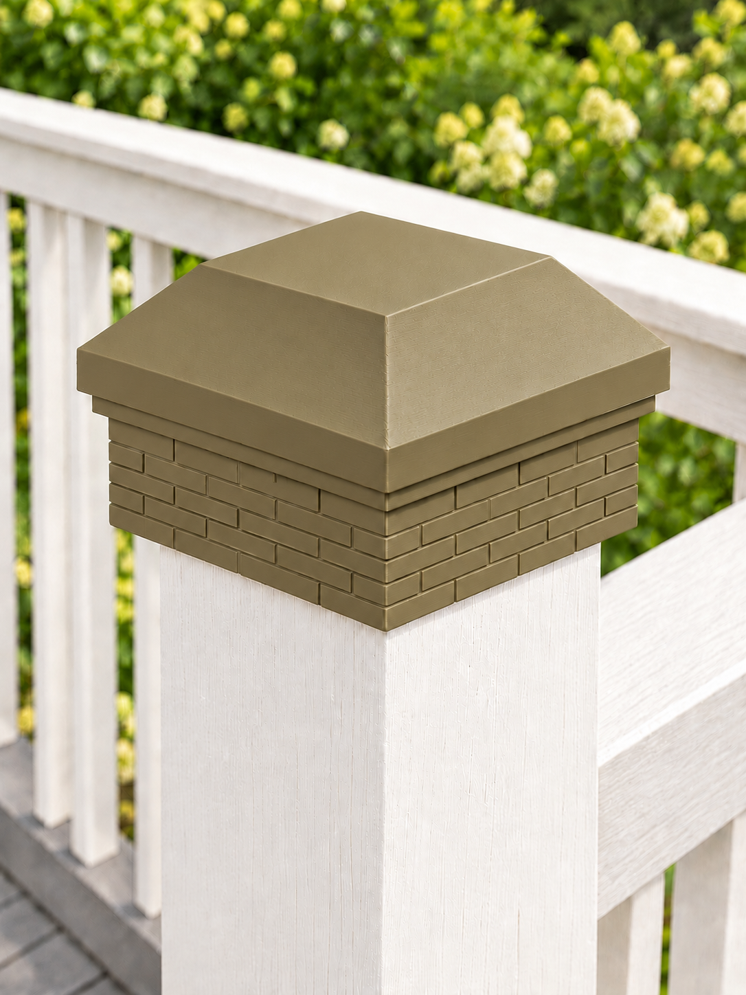 6x6 Post Cap – High Profile Roof with Brick Base – Olive Brown – Fits 5.5″ Posts