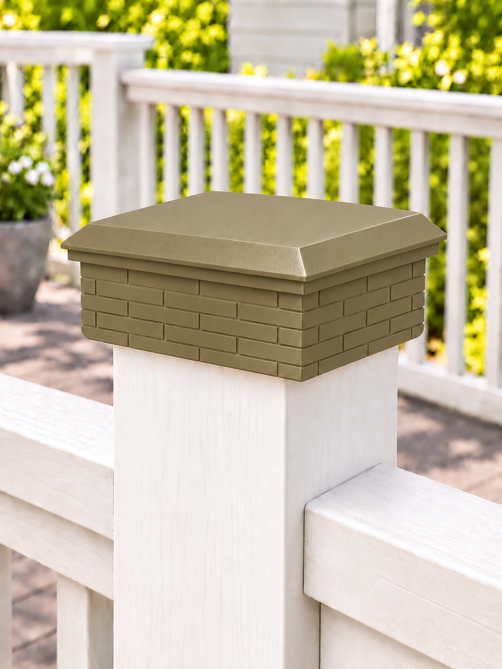 6x6 Post Cap – Low Profile Roof with Brick Base – Olive Brown – Fits 5.5″ Posts