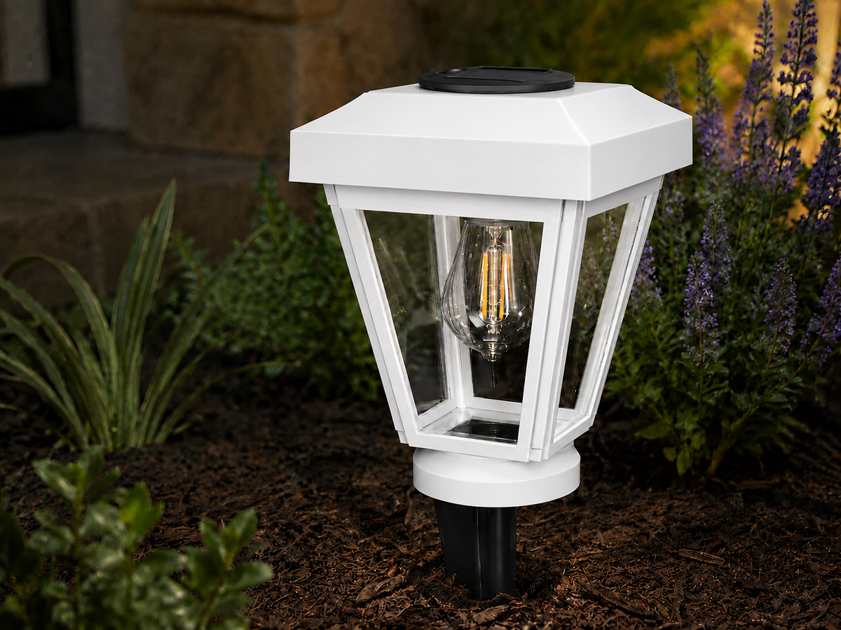 Lantern with Clear Glass Small Edison Bulb Solar Landscape Light – White
