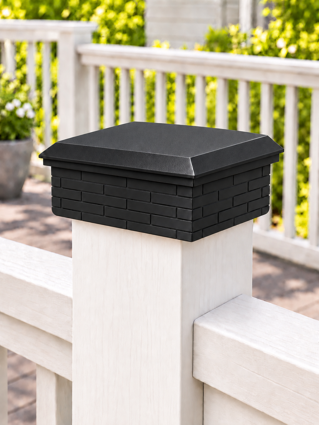 6x6 Post Cap – Low Profile Roof with Brick Base – Black – Fits 5.5″ Posts