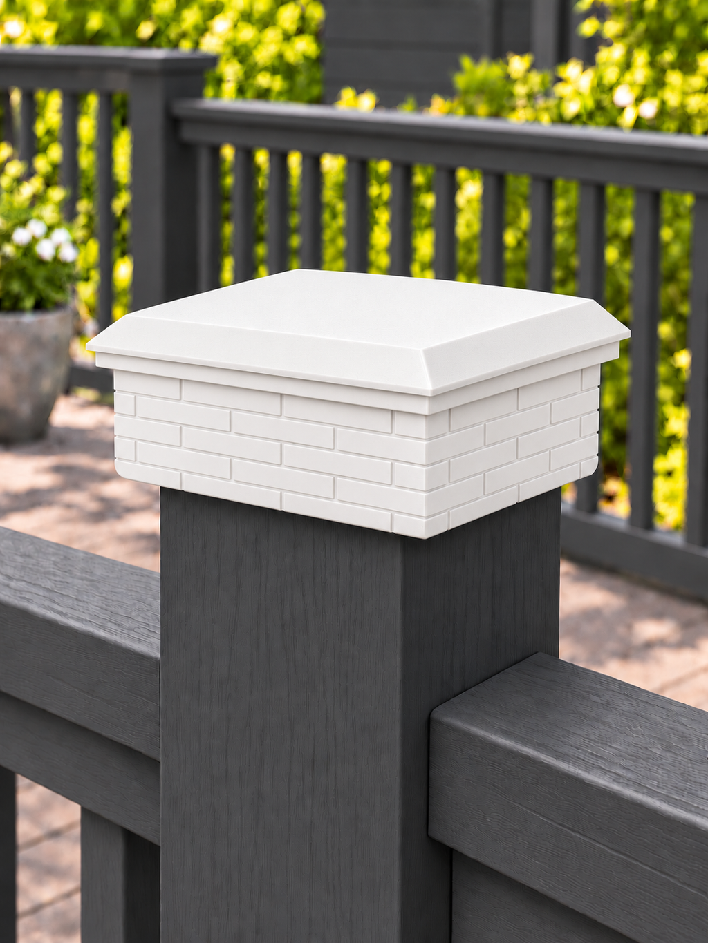 6x6 Post Cap – Low Profile Roof with Brick Base – White – Fits 6″ Posts