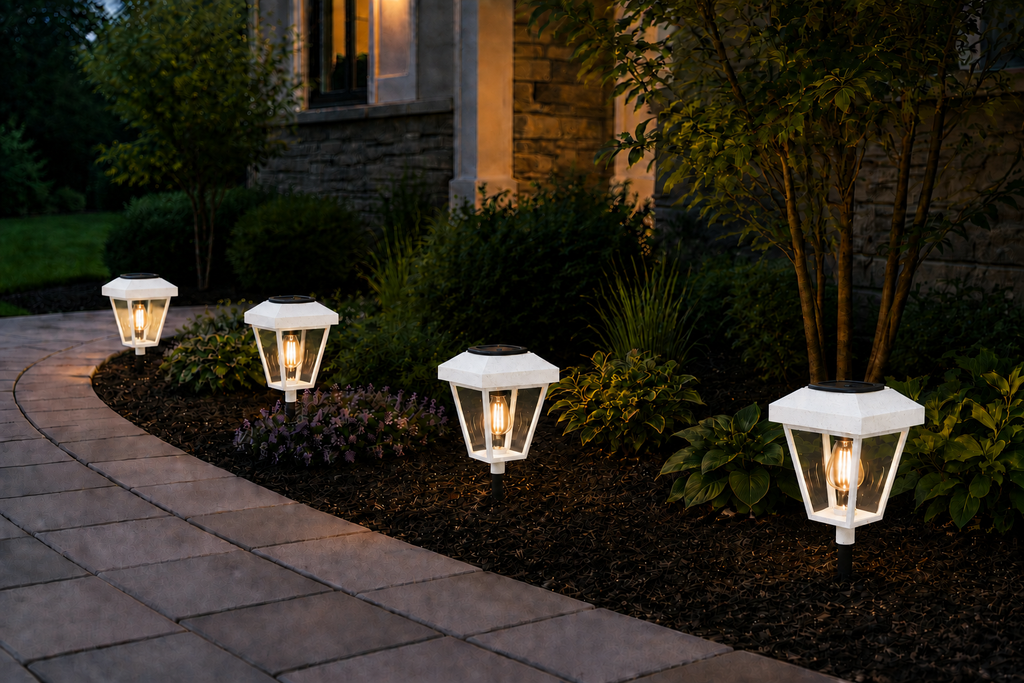 Lantern with Clear Glass Small Edison Bulb Solar Landscape Light – White
