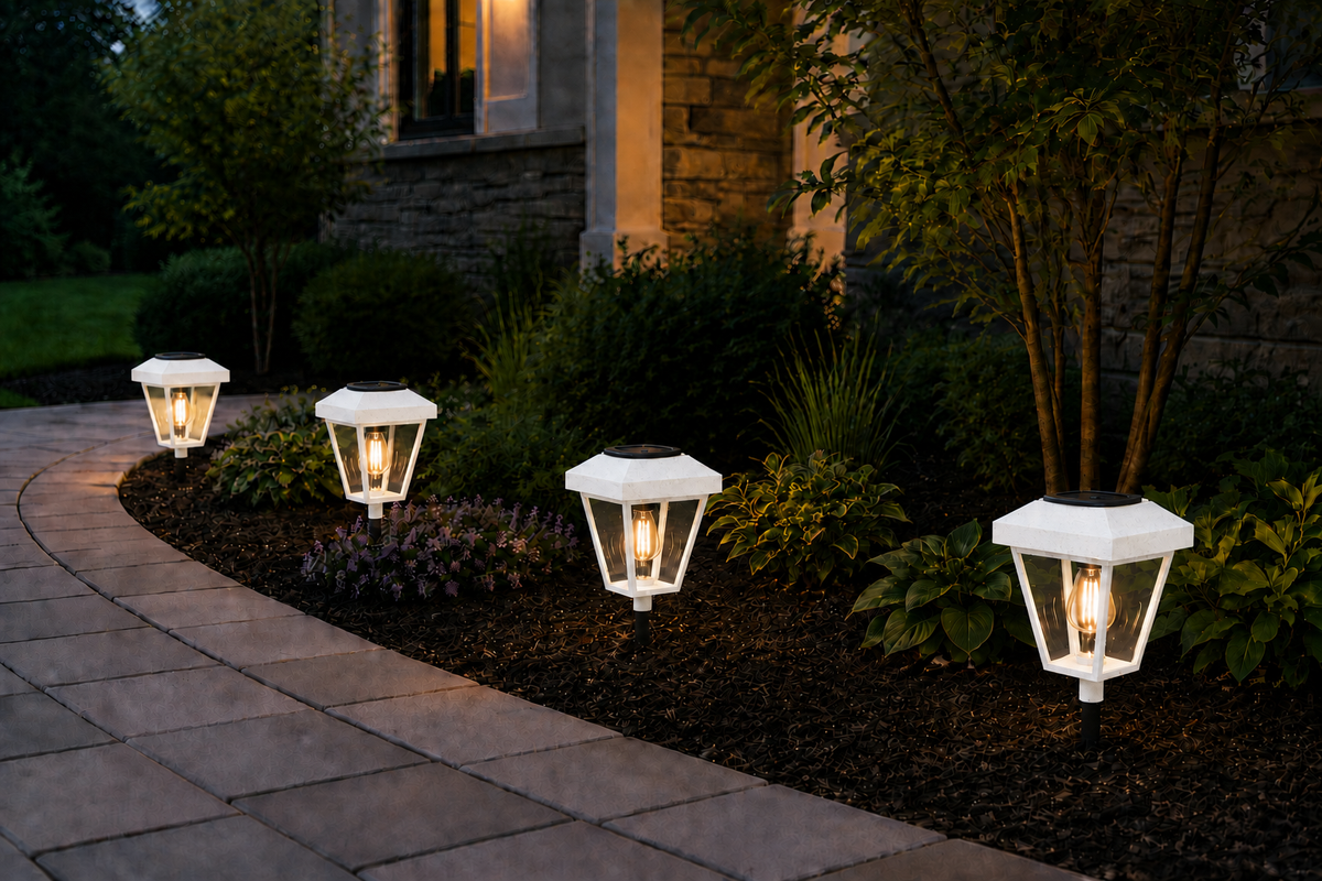 Lantern with Clear Glass Small Edison Bulb Solar Landscape Light – White