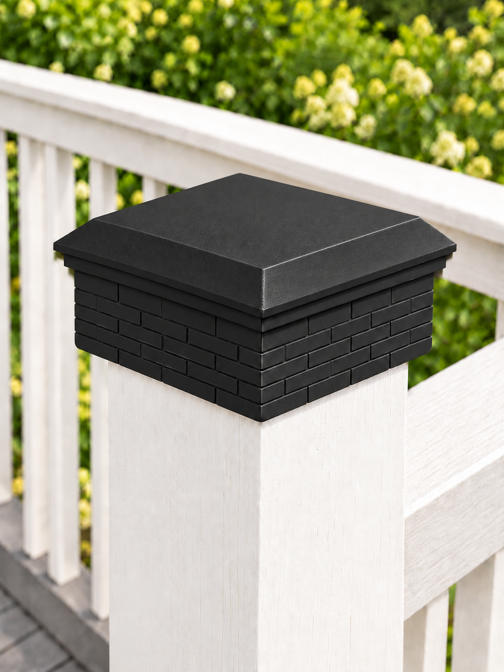 6x6 Post Cap – Low Profile Roof with Brick Base – Black – Fits 5.5″ Posts