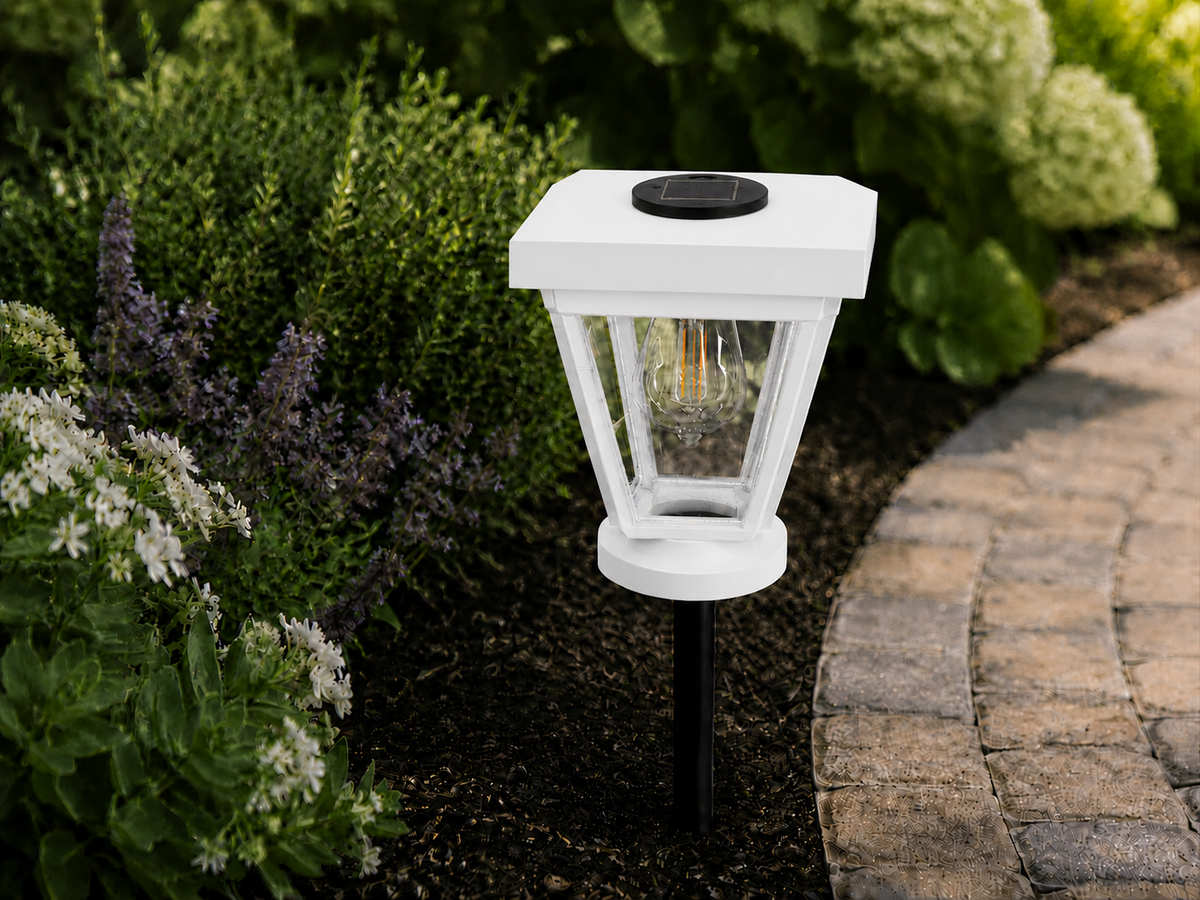 Lantern with Clear Glass Small Edison Bulb Solar Landscape Light – White