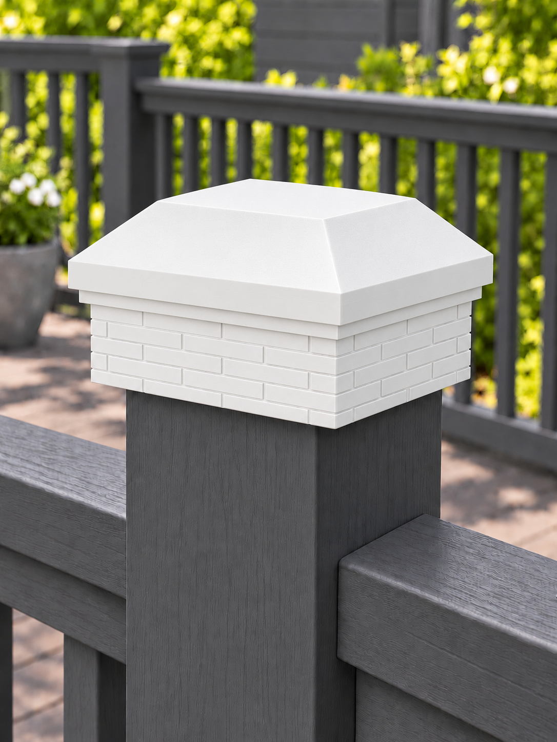 6x6 Post Cap – High Profile Roof with Brick Base – White – Fits 6″ Posts