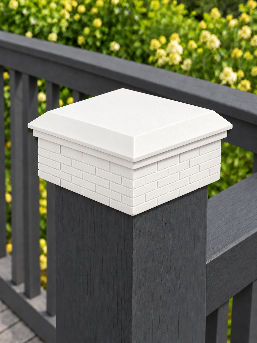 6x6 Post Cap – Low Profile Roof with Brick Base – White – Fits 6″ Posts