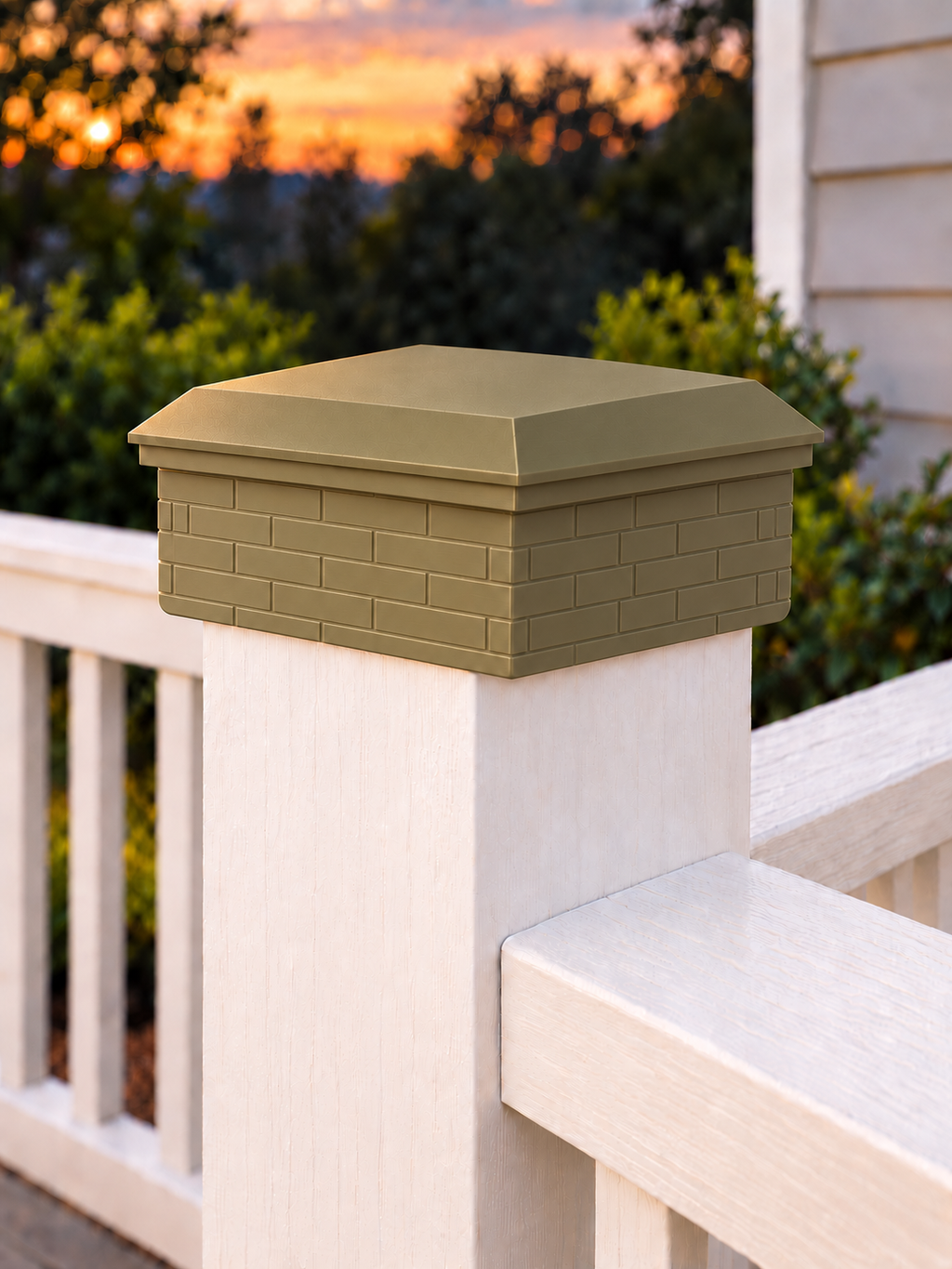 6x6 Post Cap – Low Profile Roof with Brick Base – Olive Brown – Fits 5.5″ Posts