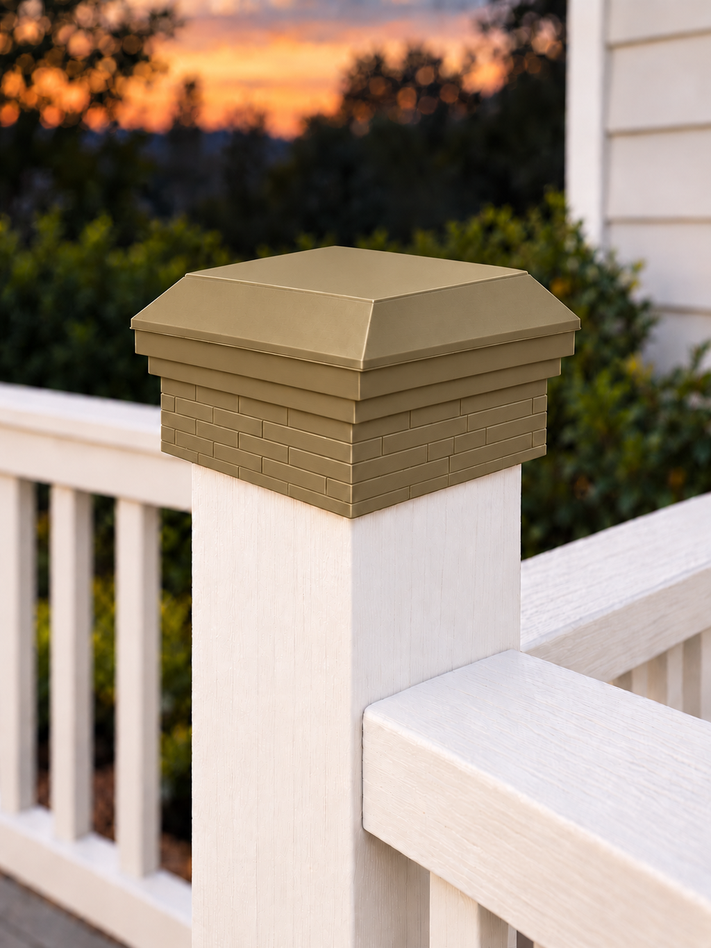 4×4 Post Cap – Low Profile Roof with Brick Base – Olive Brown – Fits 3.5″ Posts