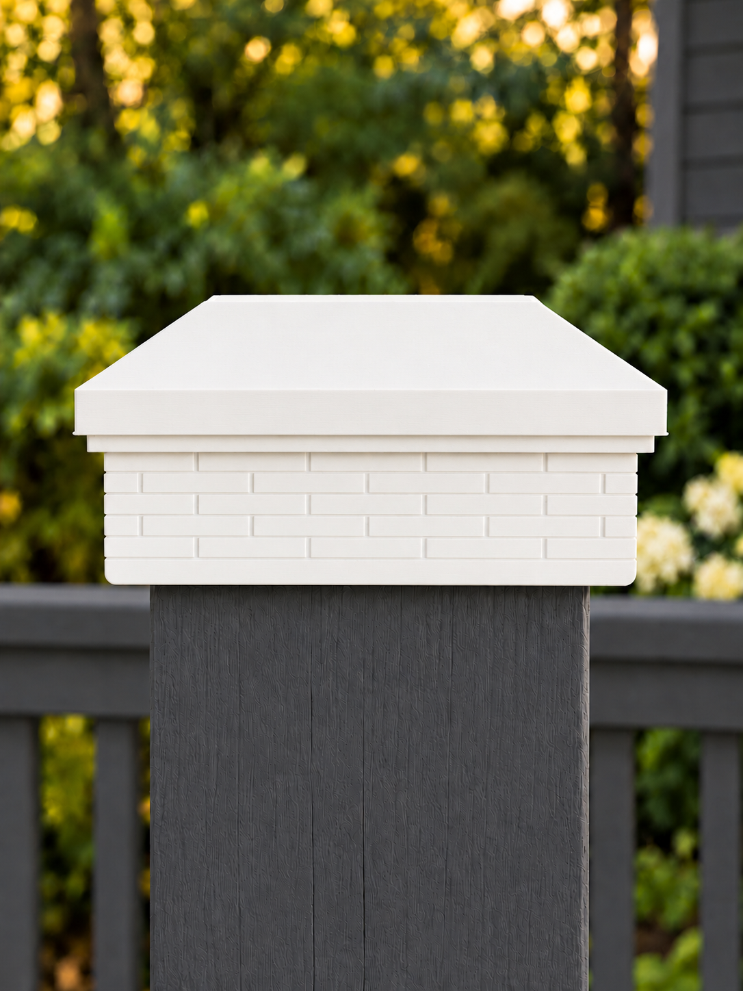 6x6 Post Cap – High Profile Roof with Brick Base – White – Fits 6″ Posts