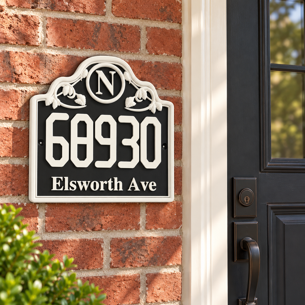 Black and white personalized monogram house number sign mounted beside a front door on a brick house