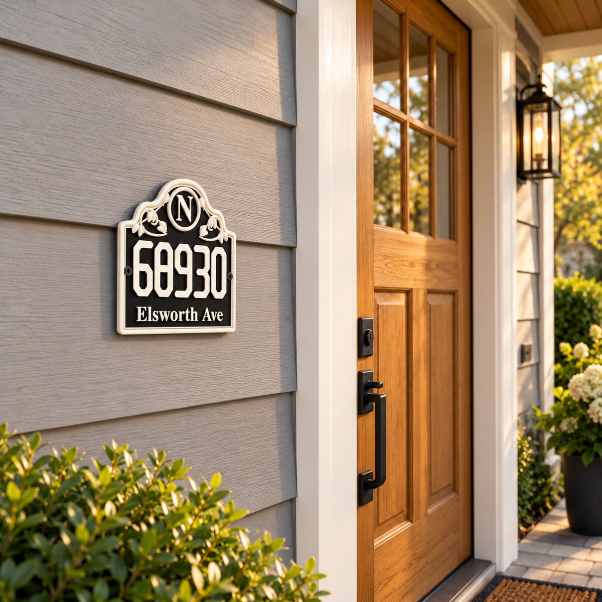 Black and white monogram address sign mounted on gray house siding beside a wood front door